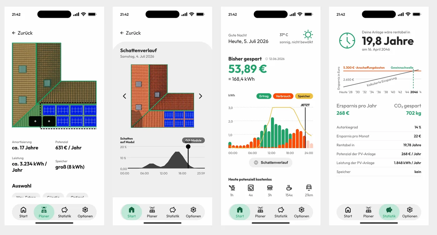 Screens der sola.-App: Dachplanung, Schattenverlauf, Ertrag und Amortisation
