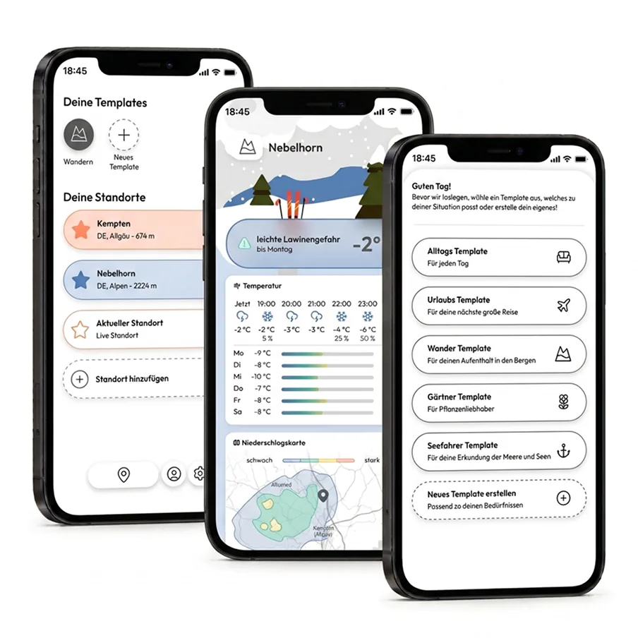 Screens des WarnWetter-Redesigns auf drei Smartphones